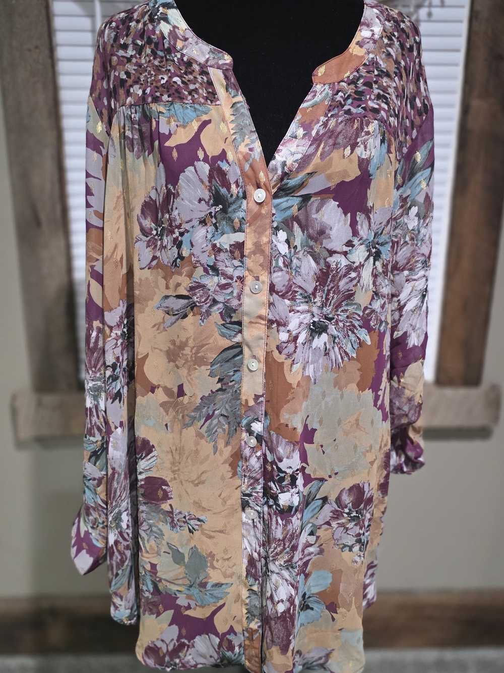 Floral Button-Front Tunic in Mauve and Tan